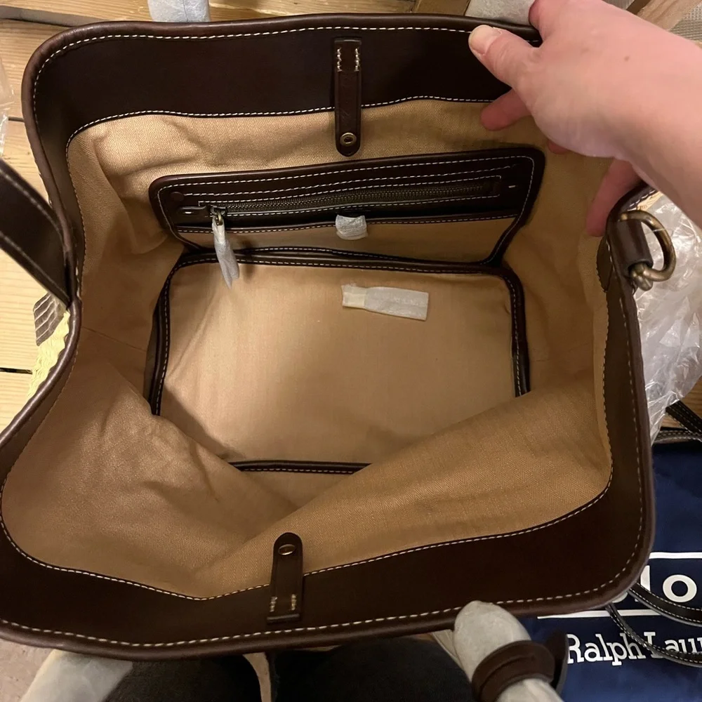 NWT Polo by Ralph Lauren Leather-Trim Straw Medium Bellport Tote - Picture 9 of 14
